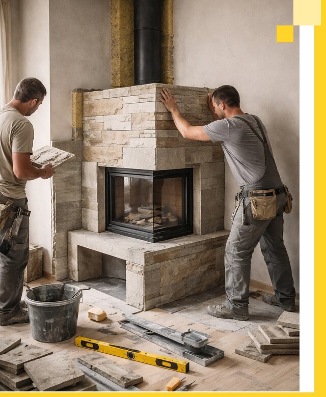 Угловые камины под ключ проект, монтаж и отделка в Кунгуре