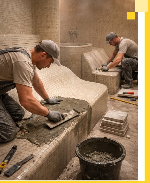 Лежаки для хамама под ключ в Кунгуре, проект и монтаж